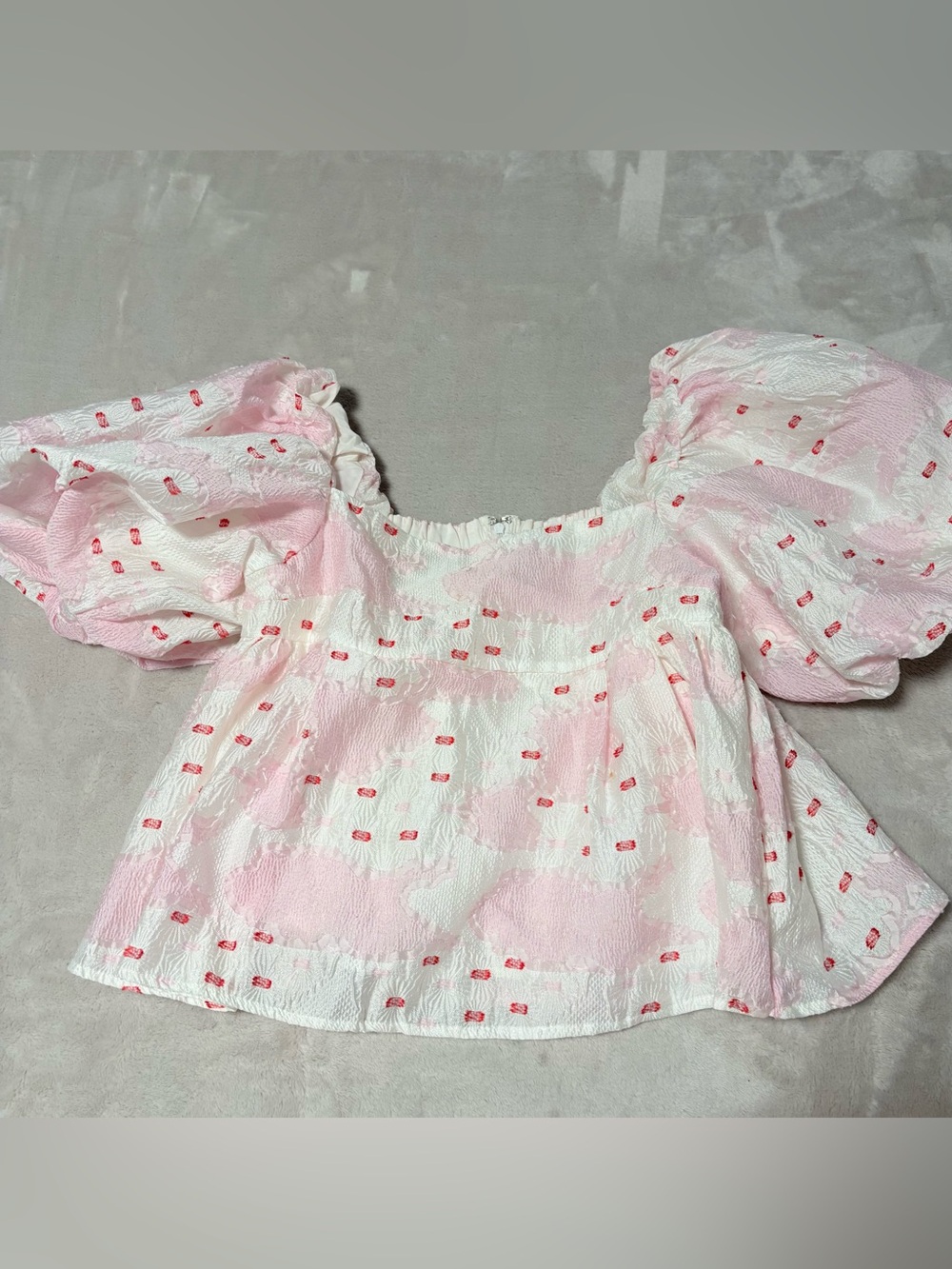 Sister Jane Red, White and Pink Puff Sleeve Babydoll Top medium - Picture 2 of 12